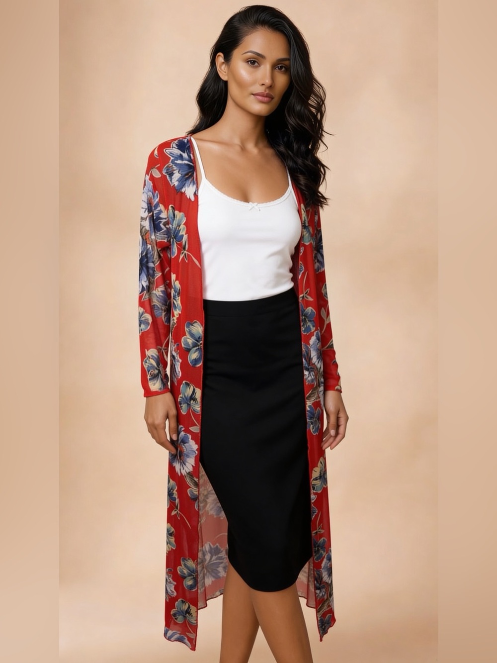 Fashion Nova Red Floral Sheer Duster